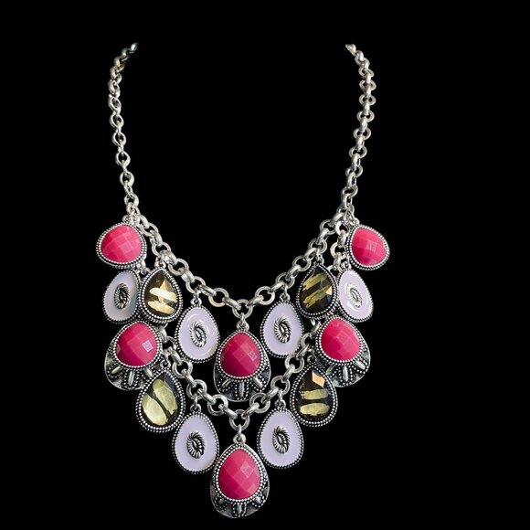 Reversible Statement Necklace Chunky Pink Crystal Boho Silver Coin Layered Y2K - Picture 4 of 10